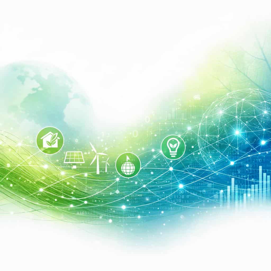 Nachhaltigkeit und grüne Technologie – digitale Vernetzung mit Symbolen für Solarenergie, Windkraft, Umwelt und Innovation